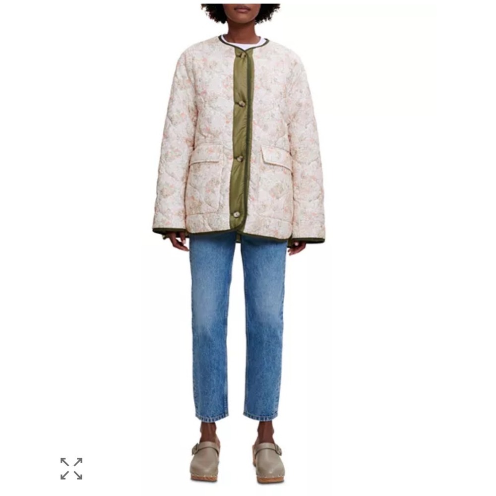 Maje Quilted Coat Jacket Large Brandino Floral Olive Green Reversible Oversized